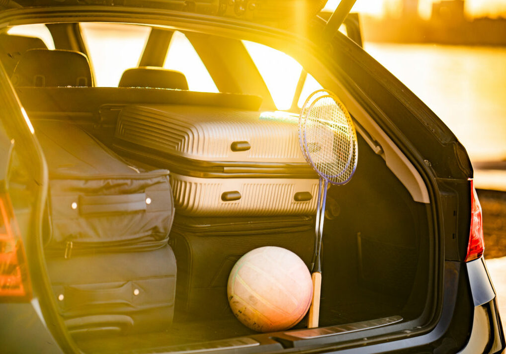Full car trunk at sunset ready to travel