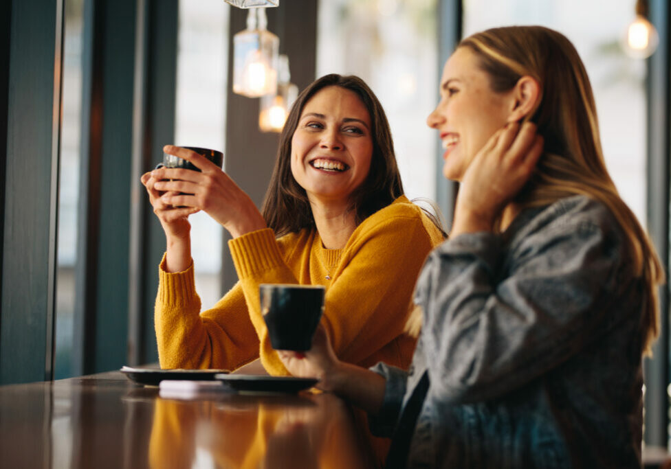 Two female friends sitting at cafe having coffee and gossiping. Female friends meeting in a coffee shop on a weekend.