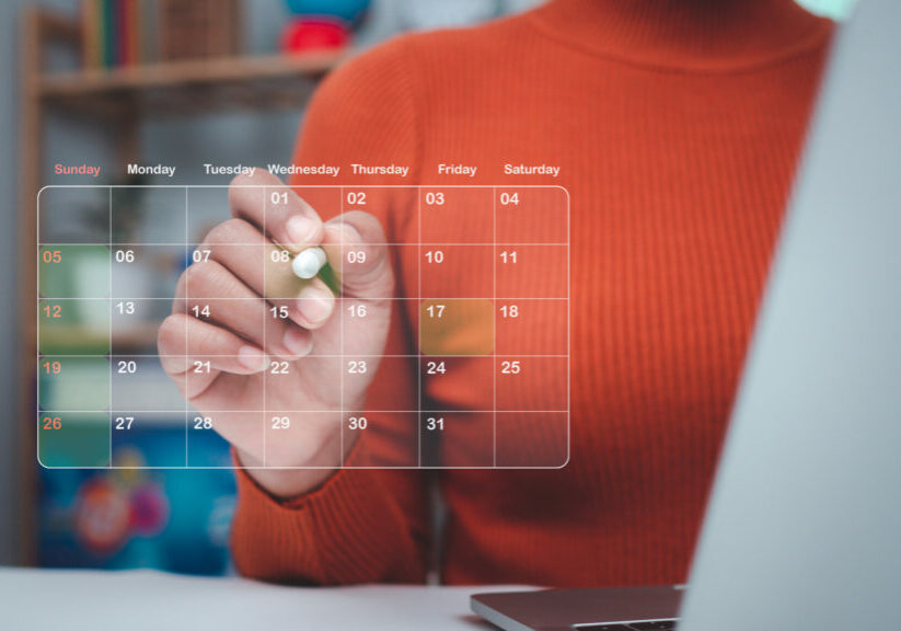 Business woman marking dates on virtual calendar, Managing his business schedule, Setting reminders for important appointments, creative collage for planning ideas, Appointment scheduler.